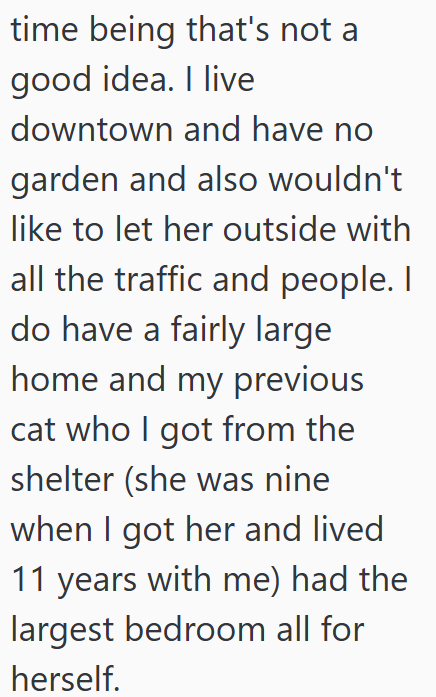 time being that's not a good idea. I live downtown and have no garden and also wouldn't like to let her outside with all the traffic and people. I do have a fairly large home and my previous cat who I got from the shelter (she was nine when I got her and lived 11 years with me) had the largest bedroom all for herself.