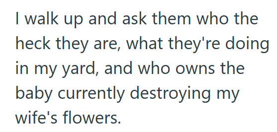I walk up and ask them who the heck they are, what they're doing in my yard, and who owns the baby currently destroying my wife's flowers.