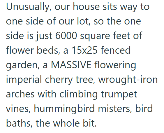Unusually, our house sits way to one side of our lot, so the one side is just 6000 square feet of flower beds, a 15x25 fenced garden, a MASSIVE flowering imperial cherry tree, wrought-iron arches with climbing trumpet vines, hummingbird misters, bird baths, the whole bit.