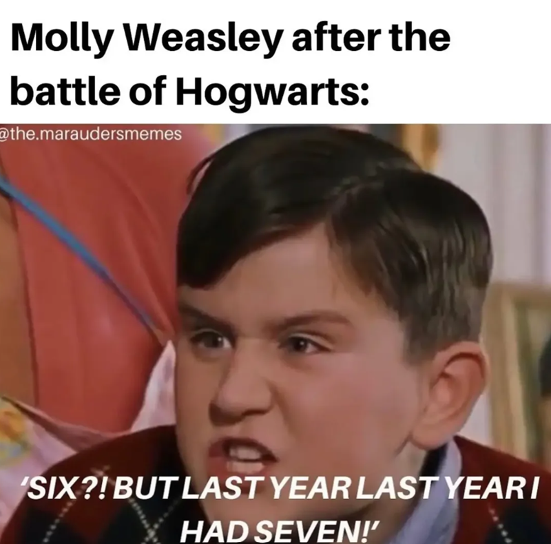 Molly Weasley after the battle of Hogwarts: @the.maraudersmemes SIX?! BUT LAST YEAR LAST YEAR! HAD SEVEN!'