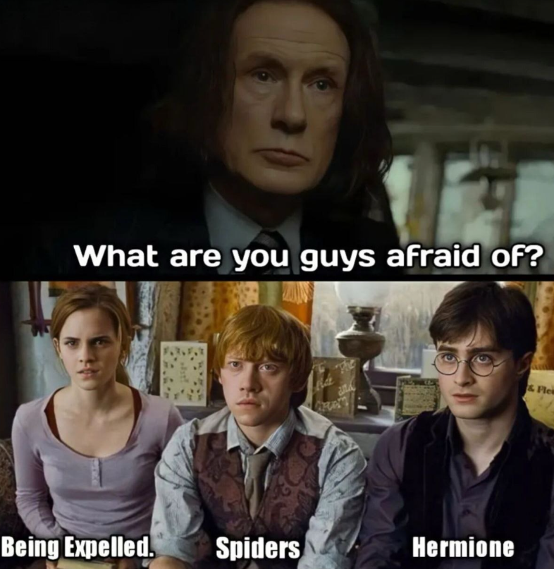 What are you guys afraid of? لمان Being Expelled. Spiders Hermione & Fle