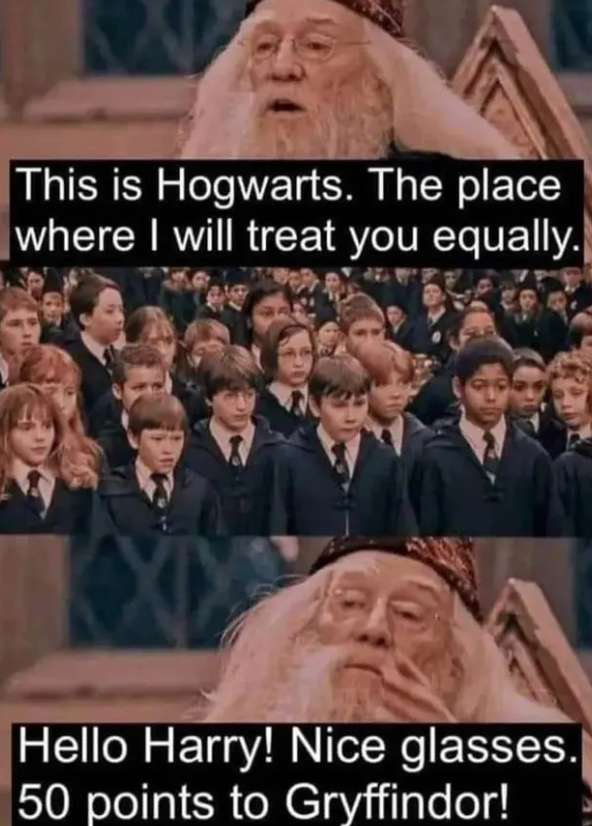 This is Hogwarts. The place where I will treat you equally. Hello Harry! Nice glasses. 50 points to Gryffindor!