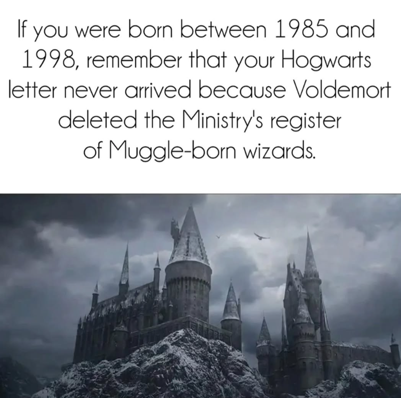 If you were born between 1985 and 1998, remember that your Hogwarts letter never arrived because Voldemort deleted the Ministry's register of Muggle-born wizards.