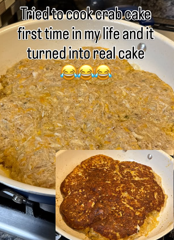 Tried to cook crab cake first time in my life and it turned into real cake