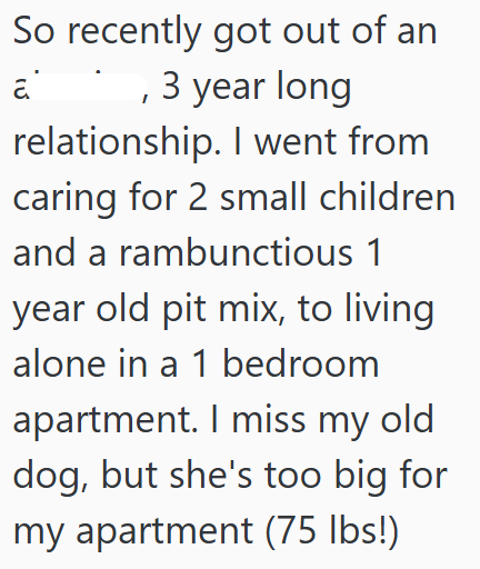 So recently got out of an a' , 3 year long relationship. I went from caring for 2 small children and a rambunctious 1 year old pit mix, to living alone in a 1 bedroom apartment. I miss my old dog, but she's too big for my apartment (75 lbs!)
