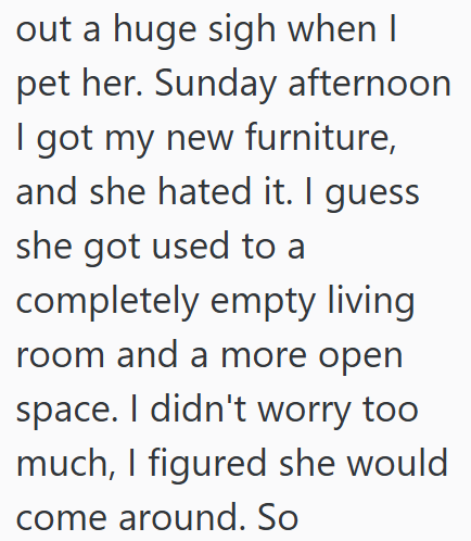 out a huge sigh when I pet her. Sunday afternoon I got my new furniture, and she hated it. I guess she got used to a completely empty living room and a more open space. I didn't worry too much, I figured she would come around. So