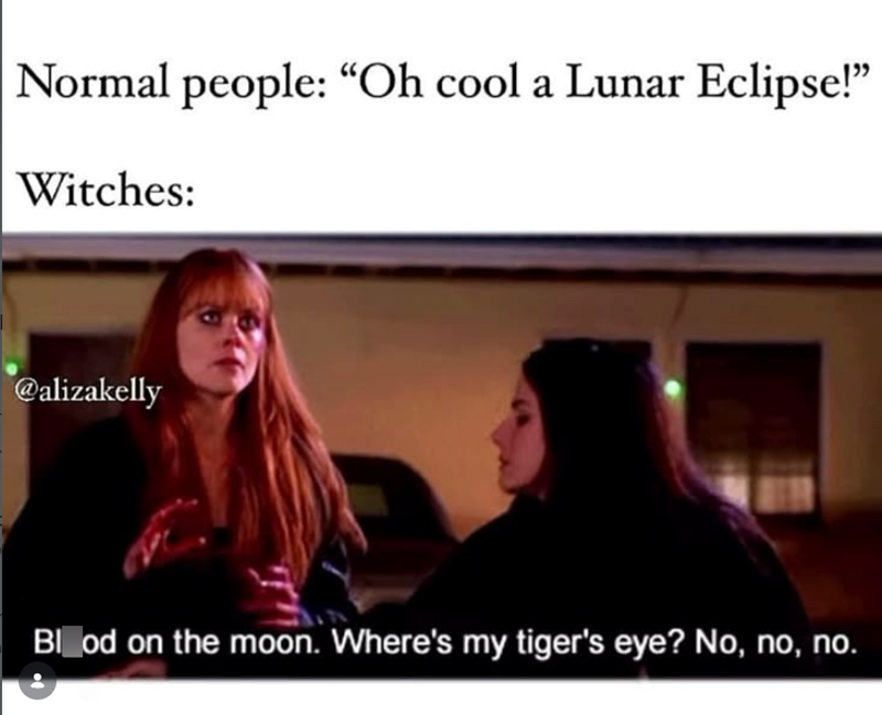 Normal people: "Oh cool a Lunar Eclipse!" Witches: @alizakelly Blood on the moon. Where's my tiger's eye? No, no, no.