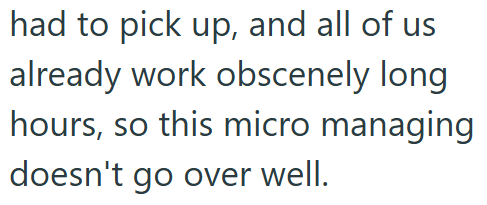 had to pick up, and all of us already work obscenely long hours, so this micro managing doesn't go over well.