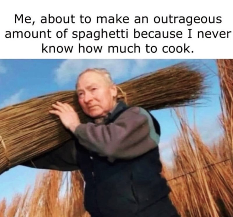 Me, about to make an outrageous amount of spaghetti because I never know how much to cook.