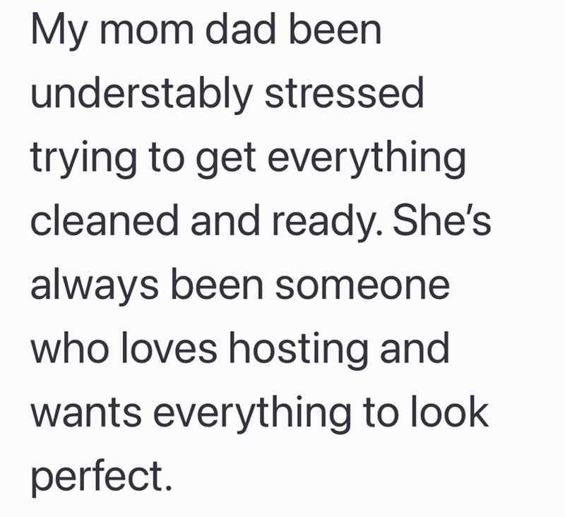 My mom dad been understably stressed trying to get everything cleaned and ready. She's always been someone who loves hosting and wants everything to look perfect.