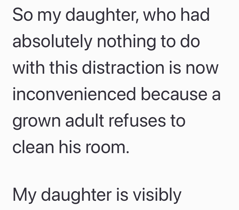 So my daughter, who had absolutely nothing to do with this distraction is now inconvenienced because a grown adult refuses to clean his room. My daughter is visibly