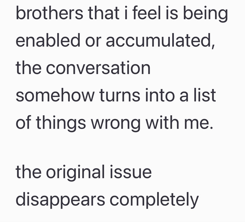 brothers that i feel is being enabled or accumulated, the conversation somehow turns into a list of things wrong with me. the original issue disappears completely