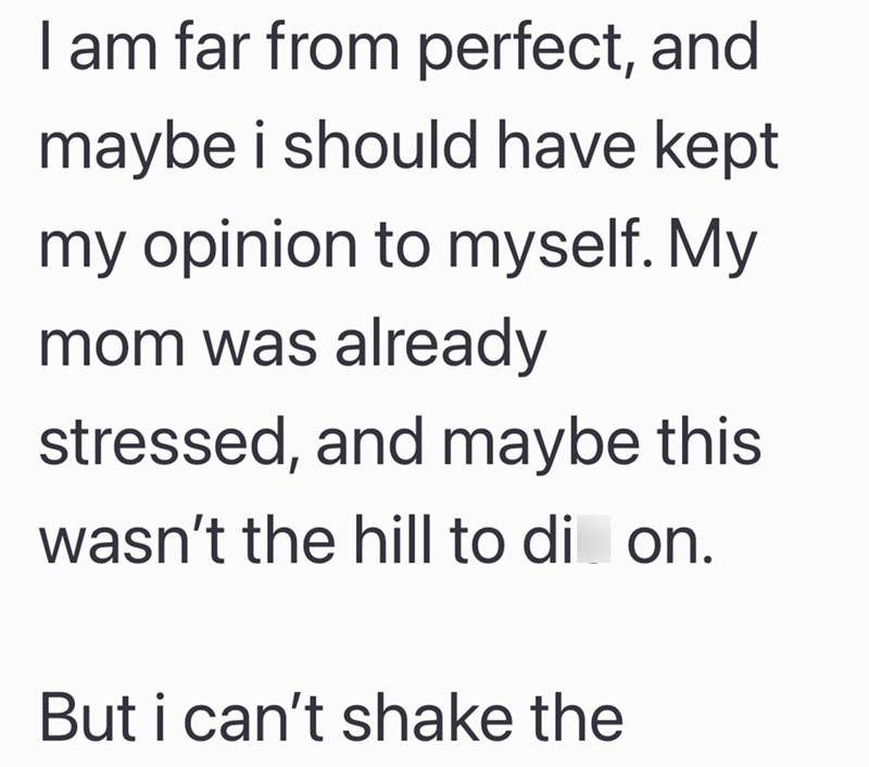 I am far from perfect, and maybe i should have kept my opinion to myself. My mom was already stressed, and maybe this wasn't the hill to di on. But i can't shake the