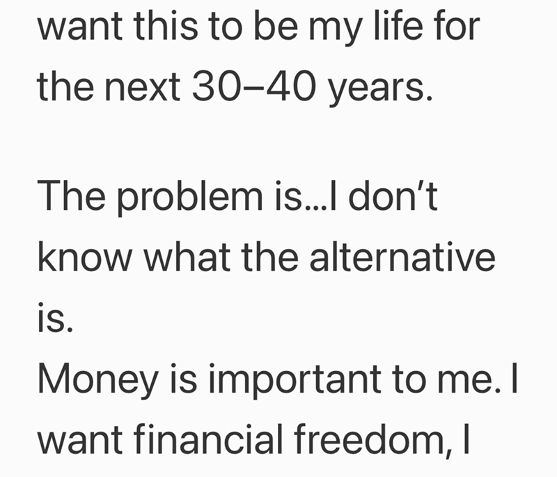 want this to be my life for the next 30-40 years. The problem is...I don't know what the alternative is. Money is important to me. I want financial freedom, I