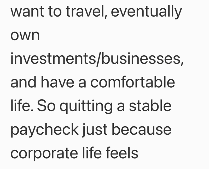 want to travel, eventually own investments/businesses, and have a comfortable life. So quitting a stable paycheck just because corporate life feels