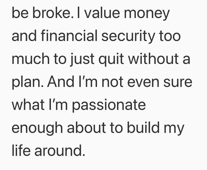 be broke. I value money and financial security too. much to just quit without a plan. And I'm not even sure what I'm passionate enough about to build my life around.