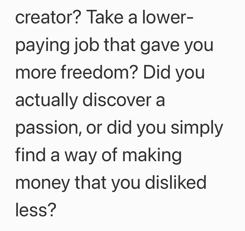 creator? Take a lower- paying job that gave you more freedom? Did you actually discover a passion, or did you simply find a way of making money that you disliked less?