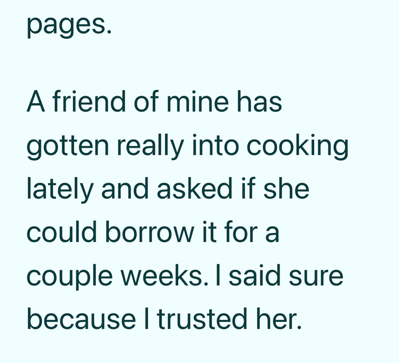 pages. A friend of mine has gotten really into cooking lately and asked if she could borrow it for a couple weeks. I said sure because I trusted her.