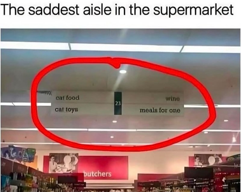 The saddest aisle in the supermarket cat food wine 23 cat toys meals for one butchers