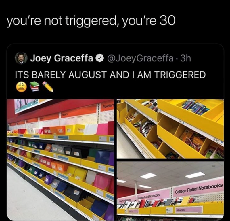you're not triggered, you're 30 Joey Graceffa @Joey Graceffa · 3h ITS BARELY AUGUST AND I AM TRIGGERED Folders College Ruled Notebooks College Ruled Notebooks