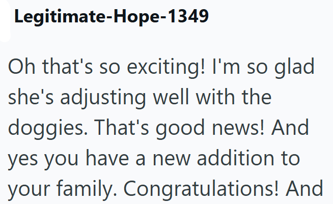 Legitimate-Hope-1349 Oh that's so exciting! I'm so glad she's adjusting well with the doggies. That's good news! And yes you have a new addition to your family. Congratulations! And
