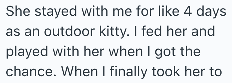 She stayed with me for like 4 days as an outdoor kitty. I fed her and played with her when I got the chance. When I finally took her to