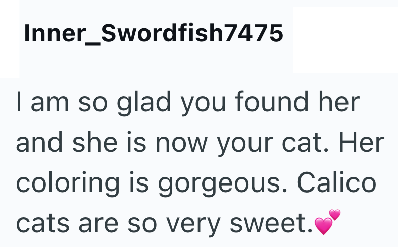 Inner_Swordfish7475 I am so glad you found her and she is now your cat. Her coloring is gorgeous. Calico cats are so very sweet.