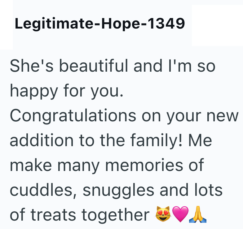 Legitimate-Hope-1349 She's beautiful and I'm so happy for you. Congratulations on your new addition to the family! Me make many memories of cuddles, snuggles and lots of treats together A