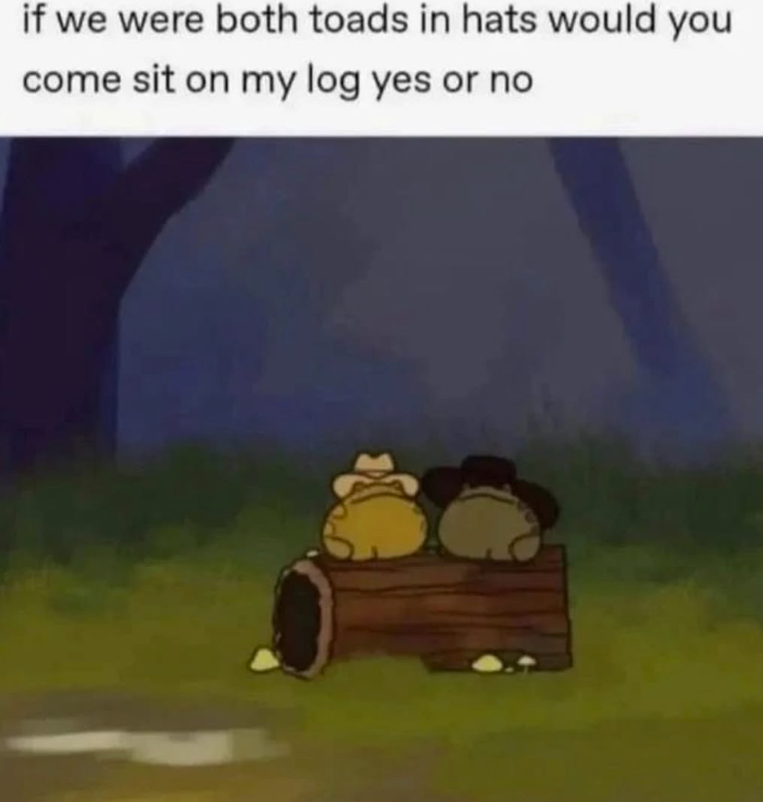 if we were both toads in hats would you come sit on my log yes or no