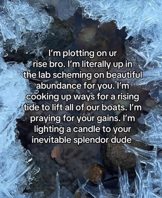 I'm plotting on ur rise bro. I'm literally up in the lab scheming on beautiful abundance for you. I'm cooking up ways for a rising tide to lift all of our boats. I'm praying for your gains. I'm lighting a candle to your inevitable splendor dude
