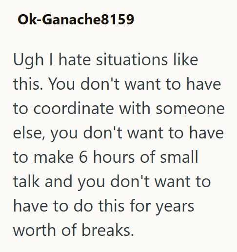 Ok-Ganache8159 Ugh I hate situations like this. You don't want to have to coordinate with someone else, you don't want to have to make 6 hours of small talk and you don't want to have to do this for years worth of breaks.