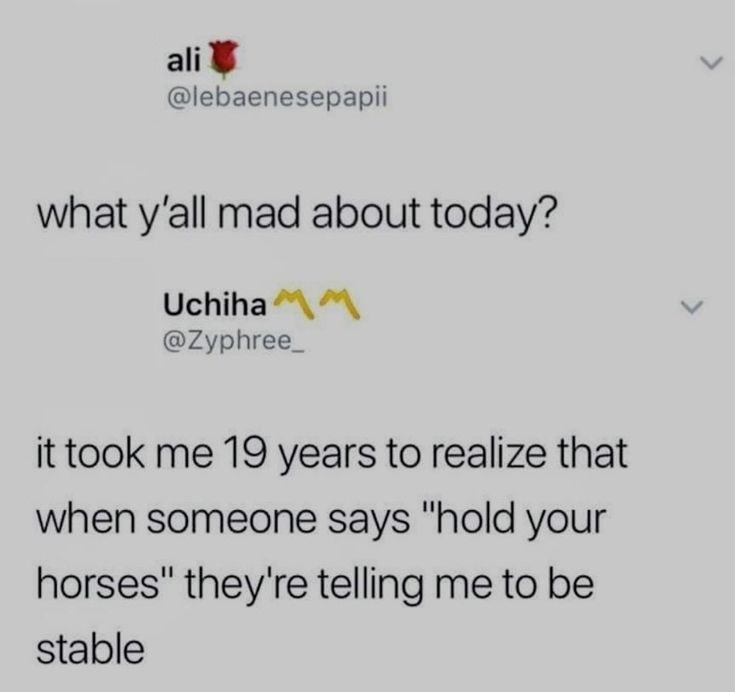 ali @lebaenesepapii what y'all mad about today? Uchiha MM @Zyphree_ it took me 19 years to realize that when someone says "hold your horses" they're telling me to be stable