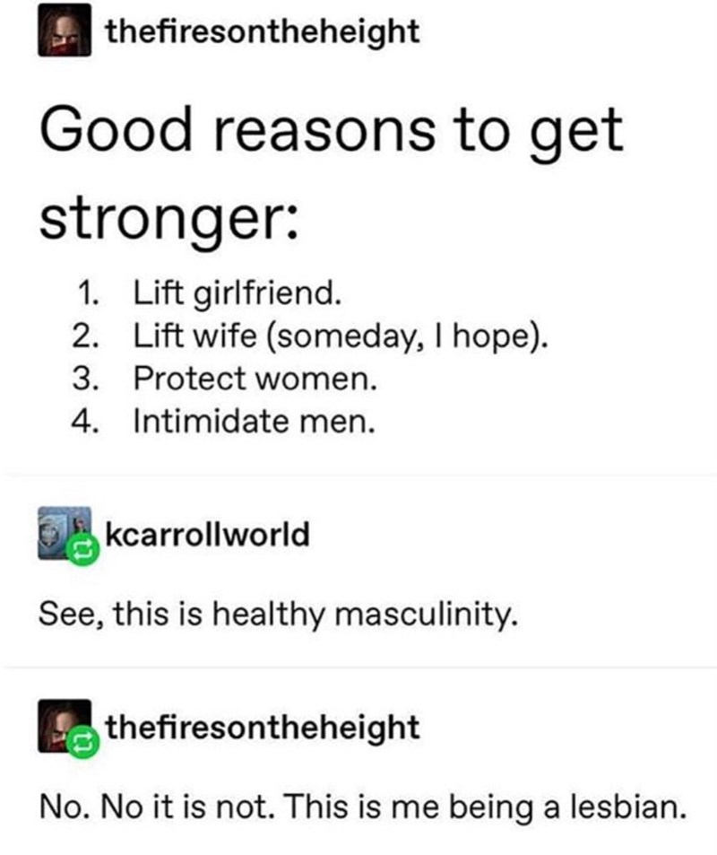 thefiresontheheight Good reasons to get stronger: 1. Lift girlfriend. 2. Lift wife (someday, I hope). 3. 4. Protect women. Intimidate men. kcarrollworld See, this is healthy masculinity. thefiresontheheight No. No it is not. This is me being a lesbian.