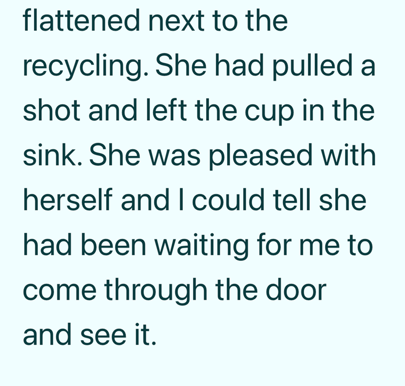 flattened next to the recycling. She had pulled a shot and left the cup in the sink. She was pleased with herself and I could tell she had been waiting for me to come through the door and see it.