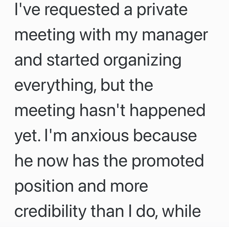 I've requested a private meeting with my manager and started organizing everything, but the meeting hasn't happened yet. I'm anxious because he now has the promoted position and more credibility than I do, while