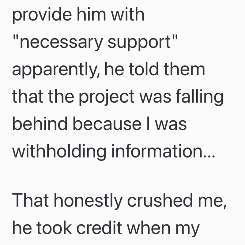provide him with "necessary support" apparently, he told them that the project was falling behind because I was withholding information... That honestly crushed me, he took credit when my