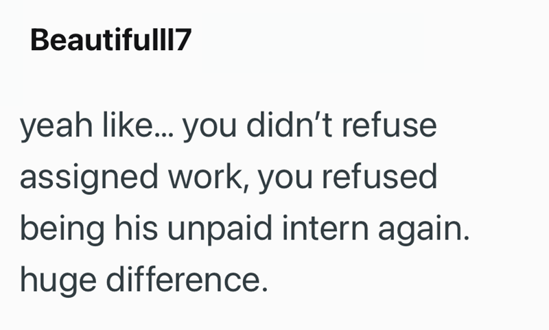 Beautifulll7 yeah like... you didn't refuse assigned work, you refused being his unpaid intern again. huge difference.
