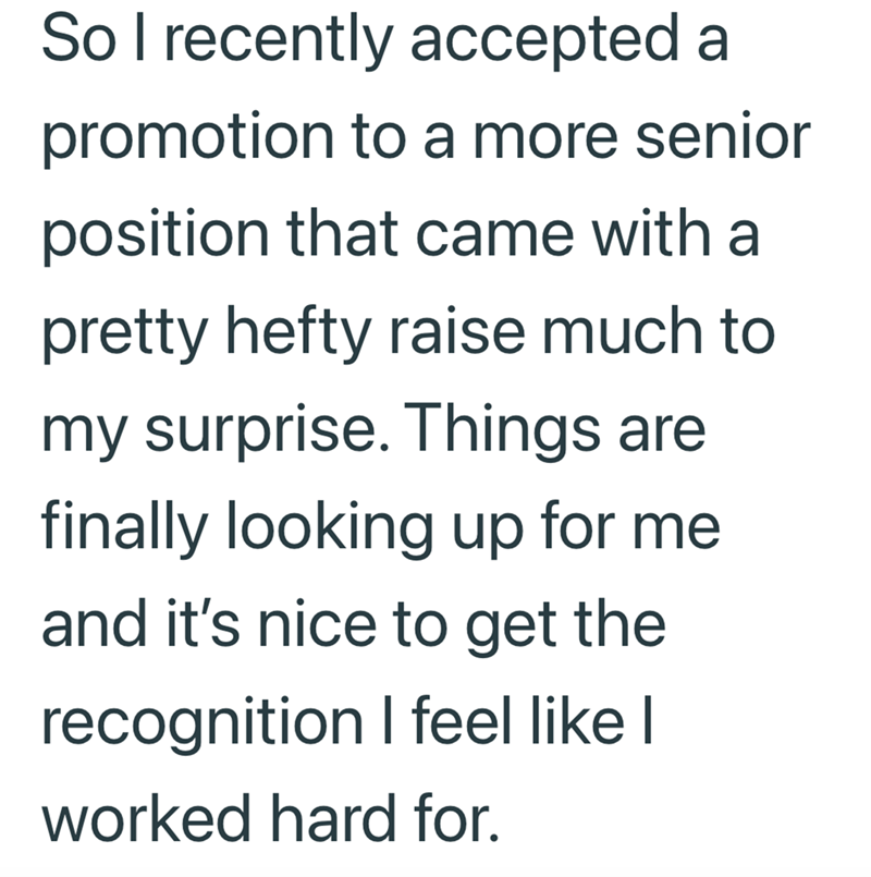So I recently accepted a promotion to a more senior position that came with a pretty hefty raise much to my surprise. Things are finally looking up for me and it's nice to get the recognition I feel like I worked hard for.