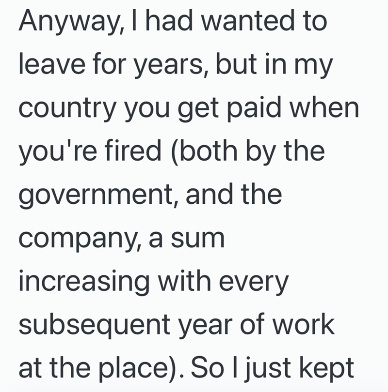 Anyway, I had wanted to leave for years, but in my country you get paid when you're fired (both by the government, and the company, a sum increasing with every subsequent year of work at the place). So I just kept