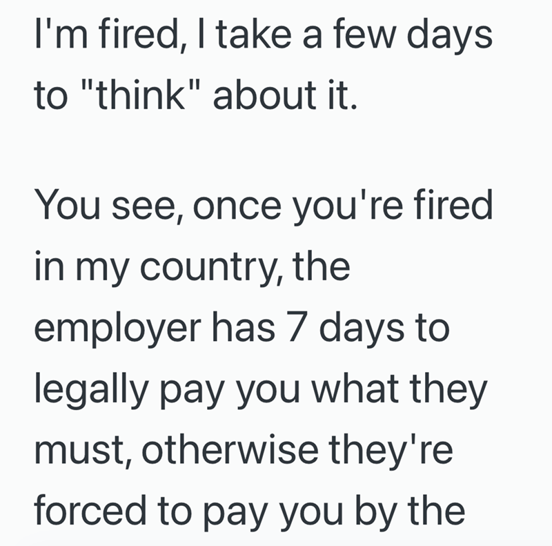 I'm fired, I take a few days to "think" about it. You see, once you're fired in my country, the employer has 7 days to legally pay you what they must, otherwise they're forced to pay you by the