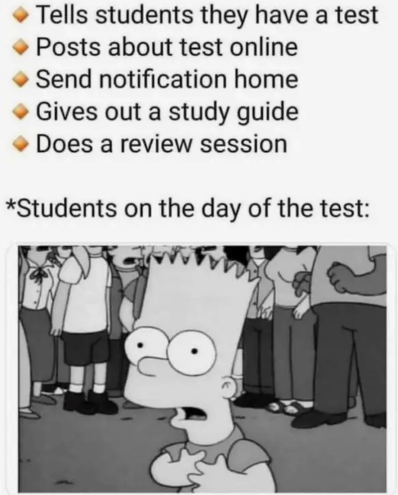 Tells students they have a test Posts about test online Send notification home Gives out a study guide Does a review session *Students on the day of the test: