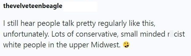 thevelveteenbeagle I still hear people talk pretty regularly like this, unfortunately. Lots of conservative, small minded r cist white people in the upper Midwest.