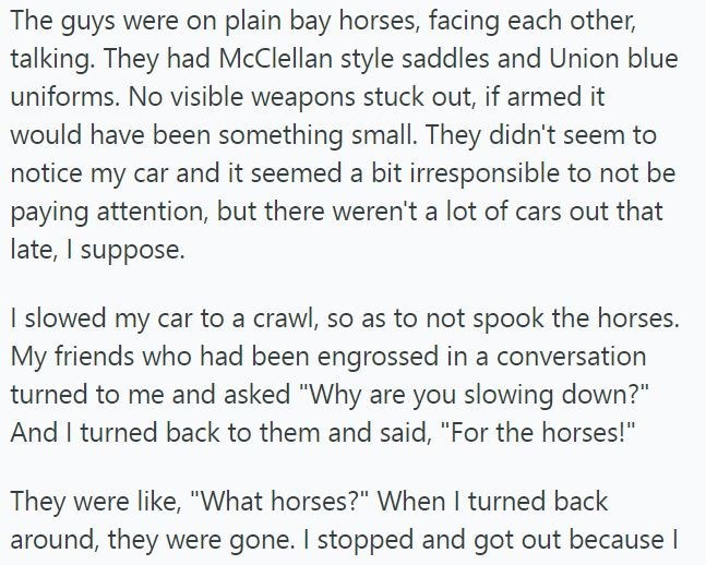 The guys were on plain bay horses, facing each other, talking. They had McClellan style saddles and Union blue uniforms. No visible weapons stuck out, if armed it would have been something small. They didn't seem to notice my car and it seemed a bit irresponsible to not be paying attention, but there weren't a lot of cars out that late, I suppose. I slowed my car to a crawl, so as to not spook the horses. My friends who had been engrossed in a conversation turned to me and asked "Why are you slo