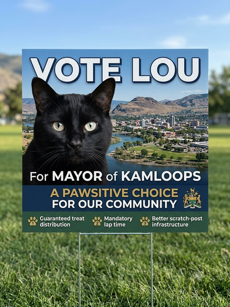 VOTE LOU For MAYOR of KAMLOOPS A PAWSITIVE CHOICE FOR OUR COMMUNITY Guaranteed treat distribution Mandatory lap time Better scratch-post infrastructure