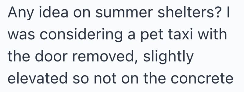 Any idea on summer shelters? I was considering a pet taxi with the door removed, slightly elevated so not on the concrete