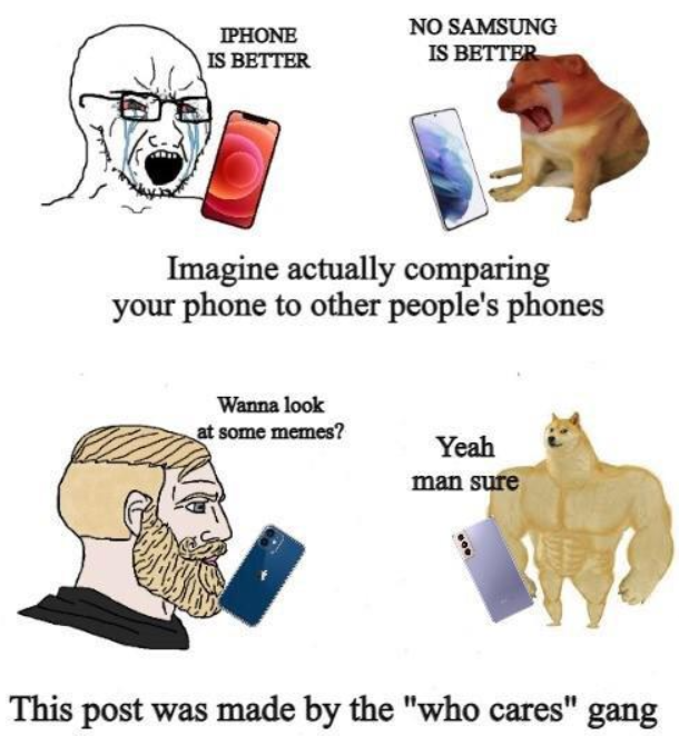 IPHONE IS BETTER NO SAMSUNG IS BETTER Imagine actually comparing your phone to other people's phones Wanna look at some memes? Yeah man sure This post was made by the "who cares" gang