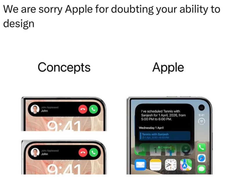 We are sorry Apple for doubting your ability to design Concepts Apple John Appleseed John 9:41 John Appleseed John I've scheduled Tennis with Sanjesh for 1 April, 2026, from 5:00 PM to 6:00 PM. Wednesday 1 April Tennis with Sanjesh 01 Apr, 5:00-6:00PM 1 Created 9:41 9:41