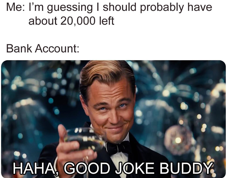 Me: I'm guessing I should probably have about 20,000 left Bank Account: HAHA, GOOD JOKE BUDDY