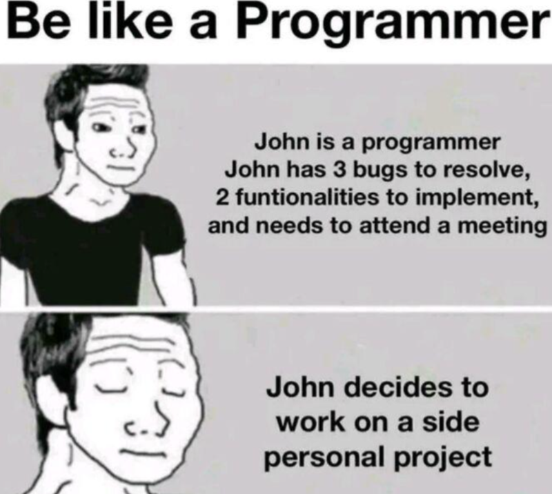 Be like a Programmer John is a programmer John has 3 bugs to resolve, 2 funtionalities to implement, and needs to attend a meeting 31 John decides to work on a side personal project