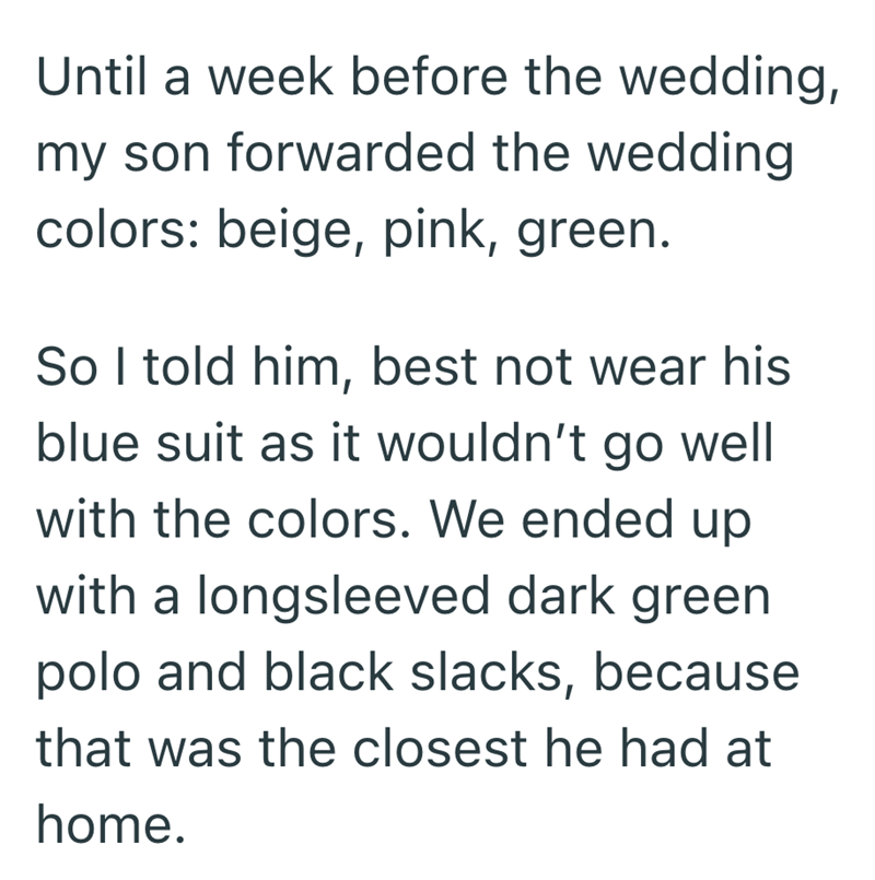 Until a week before the wedding, my son forwarded the wedding colors: beige, pink, green. So I told him, best not wear his blue suit as it wouldn't go well with the colors. We ended up with a longsleeved dark green polo and black slacks, because that was the closest he had at home.